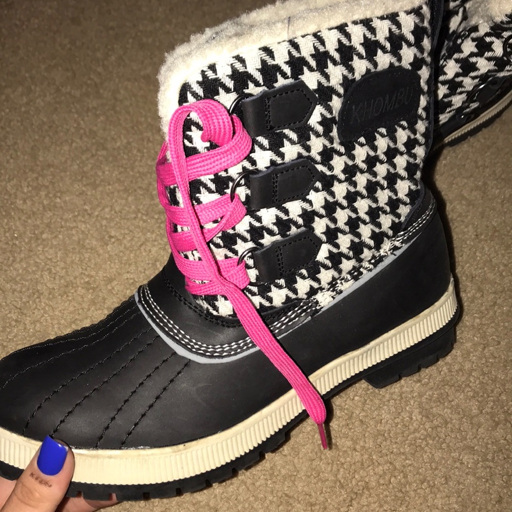 Wool Houndstooth and Hot Pink Snow Boots